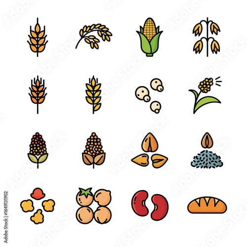 Various grains display nutrition on white backdrop agriculture