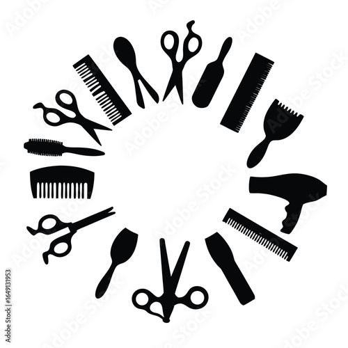 Black silhouettes of hairdressing tools arranged in a circle
