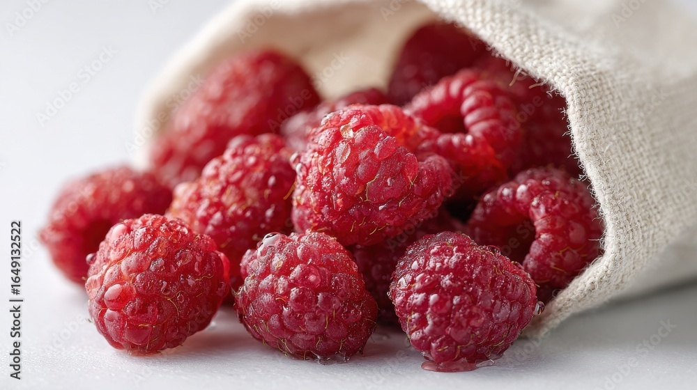 Fresh Raspberries Spilling From A Burlap Sack On A White Surface. Juicy And Ripe Berries For Healthy Eating Fresh Raspberries Spilling From A Burlap Sack On A White Surface. Juicy And Ripe Berries For Healthy Eating