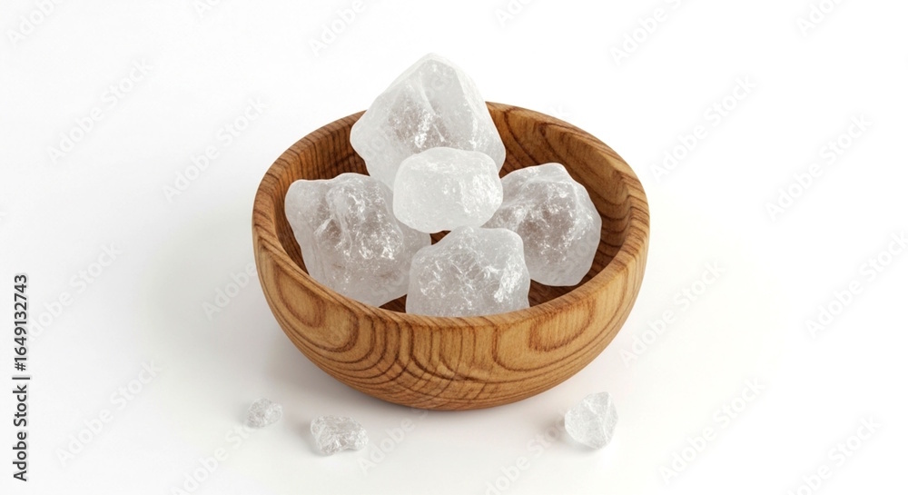 Obraz premium alum or potassium aluminium sulfate stones or rock in wooden bowl, use in water purification, food preservation, pickling, caning, dyeing, shaving, textile, white background