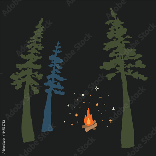 Campfire surrounding by forest tree at night bonfire illustration autumn summer  theme isolated vector
