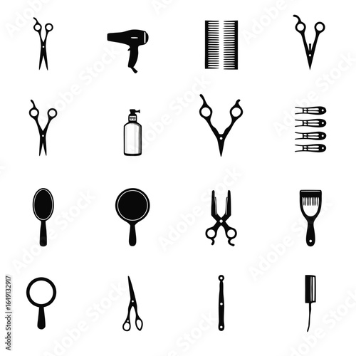 Collection of black and white hairdressing tools and accessories