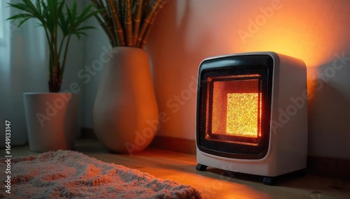 A cozy scene of a warm, glowing electric heater providing comforting heat in a minimalist room, perfect for relaxation and comfort , wellness, orange glow, rest