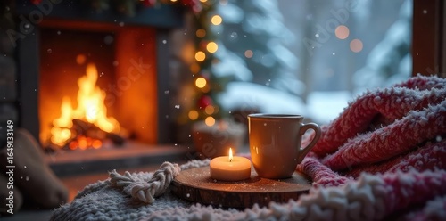 A cozy winter scene featuring a warm beverage near a fireplace, blankets, and snow falling gently outside Perfect for winter comfort, hygge, and seasonal themes , fire, drink