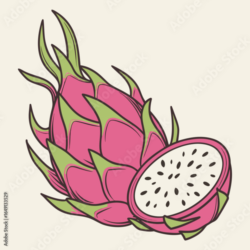Stylized vector illustration of a whole and sliced exotic dragon fruit, showcasing the vibrant pink skin and healthy seeded white pulp.