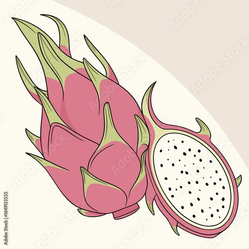 Stylized vector illustration of a fresh tropical dragon fruit, showing a whole pitaya and a half-cut slice with white flesh and black seeds.