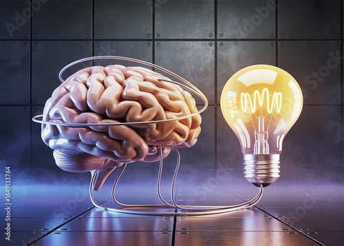 Human brain connected to a glowing light bulb symbolizing ideas and innovation