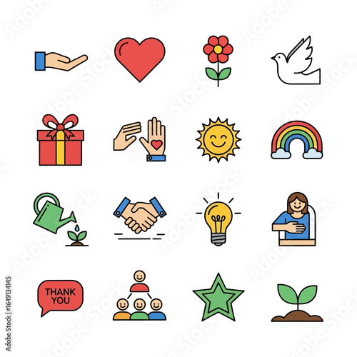 Icon set displays symbology in a kindness illustration