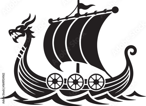 Powerful Viking ship sails the sea with dragon prow