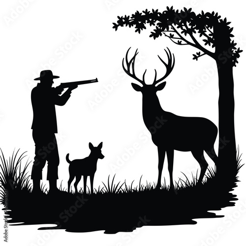 Hunter aims rifle at deer with dog in grassy forest clearing