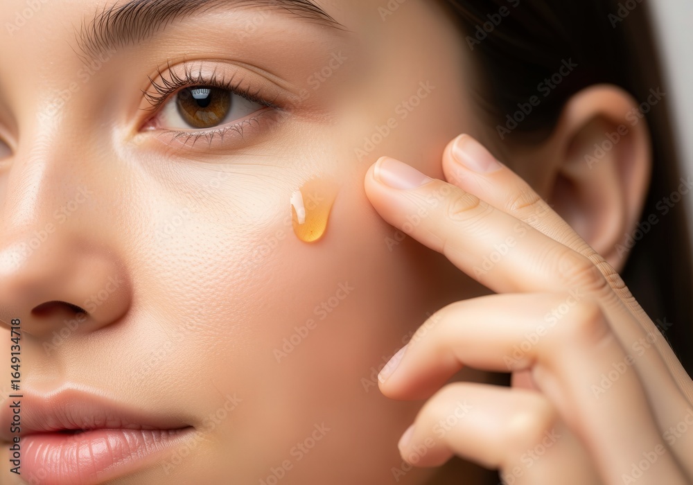 Obraz premium Close-up of Woman Applying Golden Moringa Oil for Skincare Routine