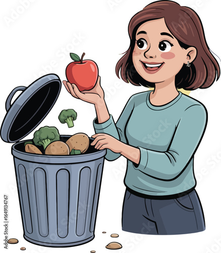 Woman Discards Apple and Broccoli into Trash Can Filled with Produce