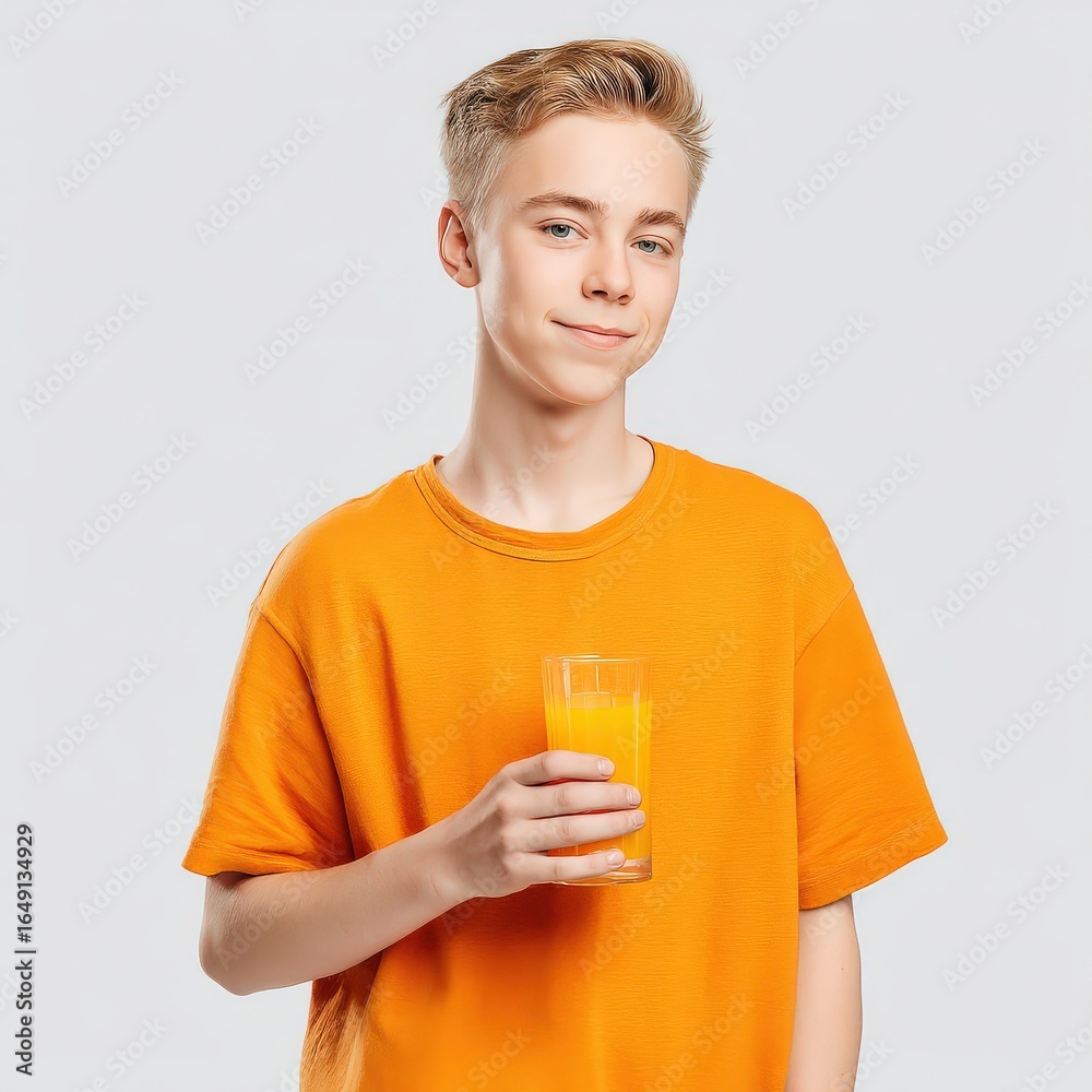 A young boy in an orange shirt holds a glass of orange juice, smiling against a light gray background. A young boy in an orange shirt holds a glass of orange juice, smiling against a light gray background.
