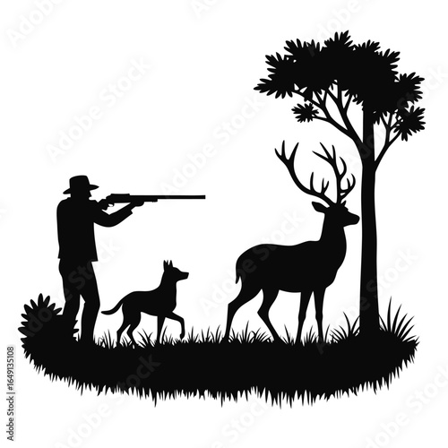 Hunter with dog aims rifle at deer near tree silhouette