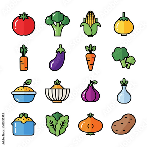 Assorted produce icons present food variety on white