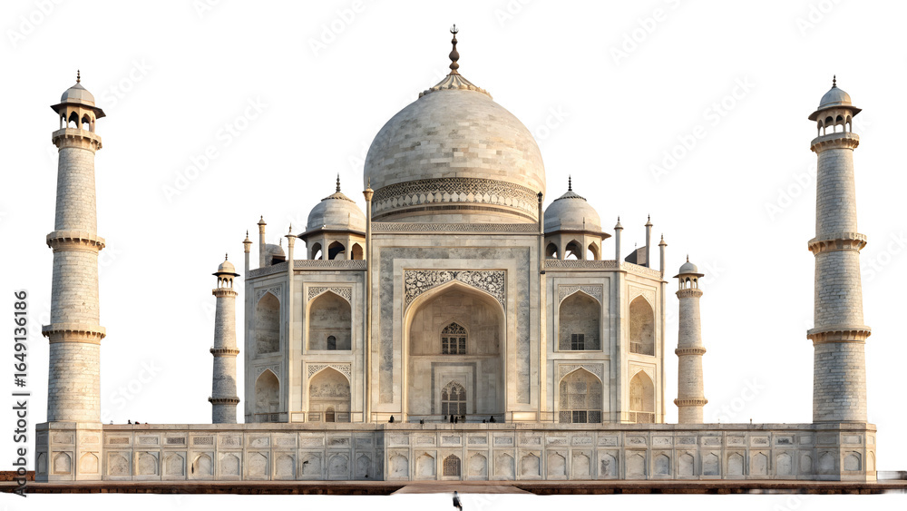 Obraz premium Taj Mahal in Agra India isolated on transparent background PNG, perfect for digital design, branding, wallpapers, posters, and print materials 