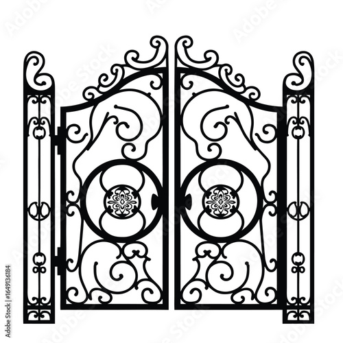 Ornate Black Metal Gate with Swirls and Floral Medallions