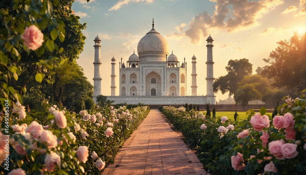 Fototapeta premium a breathtaking view of the taj mahal framed by lush rose gardens at golden hour, showcasing the iconic monument's beauty and intricate details.