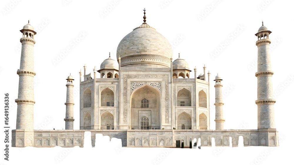 Obraz premium Taj Mahal in Agra India isolated on transparent background PNG, perfect for digital design, branding, wallpapers, posters, and print materials 