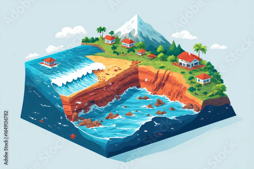 Isometric Island Cross-Section with Ocean, Beach, and Mountain - Flat Vector Illustration