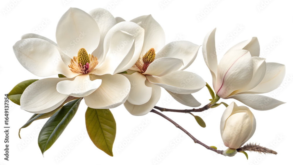 Obraz premium Elegant magnolia blooms with velvety petals isolated on transparent background PNG, perfect for digital design, branding, wallpapers, posters, and print materials 