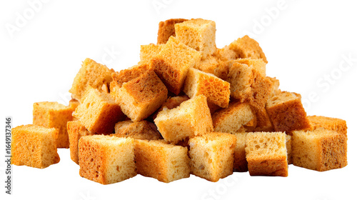 Pile of dried bread crouton cubes isolated on white