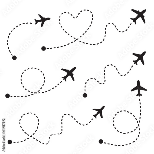 Line path vector icons of an airplane flight routes with start point and dash line trace vector