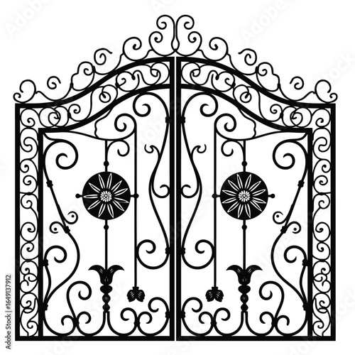 Ornate black wrought iron double gate with scrollwork