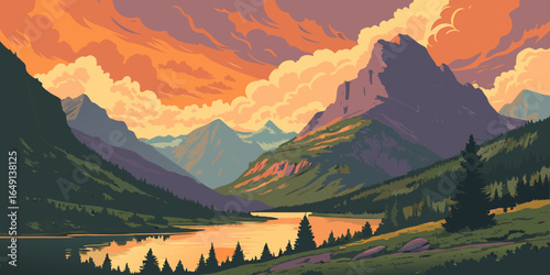 Sunset over the mountains, showcasing a stunning summer landscape vector illustration.