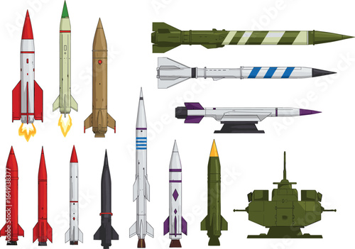 Collection of military missiles and rockets, vector illustration of war weapons, defense technology arsenal, isolated cartoon style, modern combat projectiles