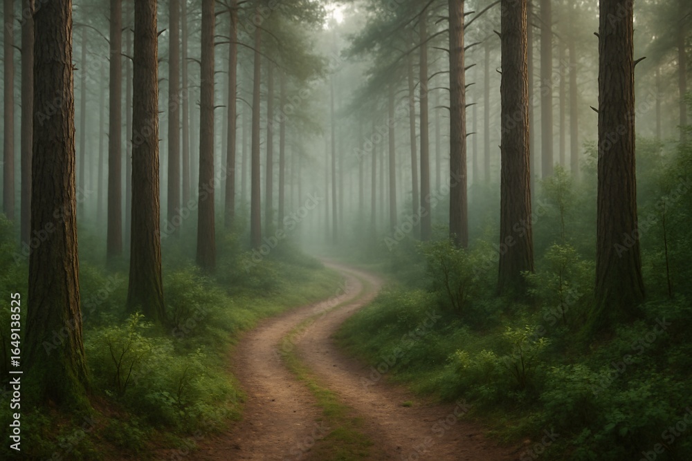Naklejka premium Foggy pine forest with winding dirt road