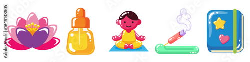 (Set15) This Wellness & Mindfulness set includes 5 calming icons: Lotus Flower, Meditation Pose, Essential Oil, Journal, and Incense. Designed in jelly candy vector style