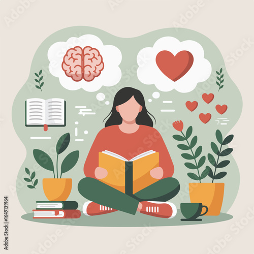 Illustration of a woman reading with brain and heart thought bubbles and potted plants around her