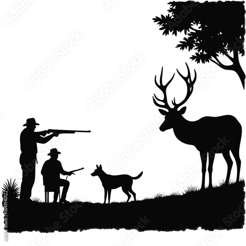 Silhouette hunters with dog and deer in grassy field