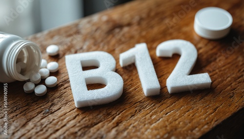 a close-up view of white vitamin b12 pills and the letters 