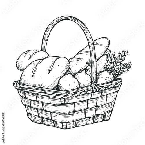 Freshly baked bread basket with assorted pastries and herbs
