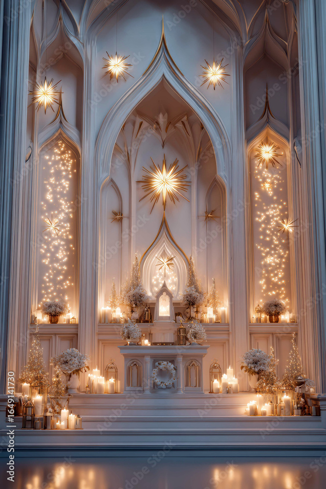 Obraz premium Christmas Altar with Candles and Lights – Elegant Sacred Church Interior