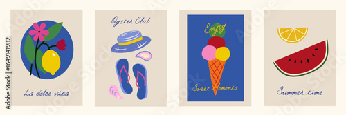 Hand drawn la dolce vita doodles. Minimalist wall art with lemon, oyster, watermelon, ice cream. Set of mediterranean concept vector illustration for invitations, printables, social media, poster.