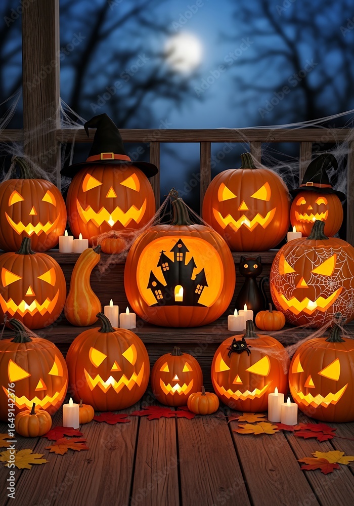 Fototapeta premium Halloween Jack-o'-Lanterns on Wooden Porch at Night