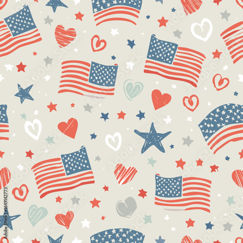 Seamless patriotic pattern featuring USA flags, hearts, and stars in red, white, and blue. Perfect for Independence Day, Patriot Day, and American-themed celebrations