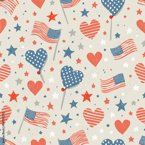 Seamless patriotic pattern featuring USA flags, hearts, and stars in red, white, and blue. Perfect for Independence Day, Patriot Day, and American-themed celebrations