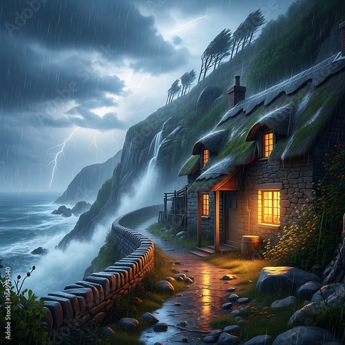 Stormy Coastal Cottage, Illuminated by Rain