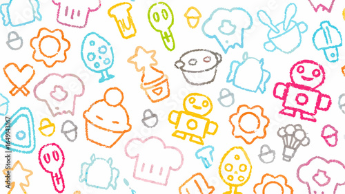 Colorful crayon style drawing featuring robots, cupcakes, flowers, and other cute whimsical shapes