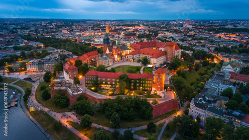 aerial view of krakow center and wawel royal castle at sunset in summer in poland