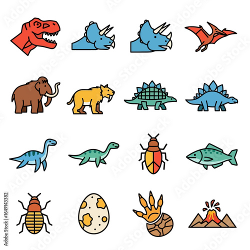 Icons depict diverse prehistoric animals fossils volcano