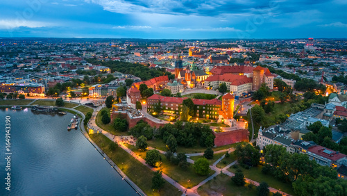 aerial view of krakow center and wawel royal castle at sunset in summer in poland