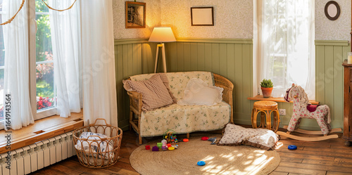 Cozy living room interior in country house with natural light.