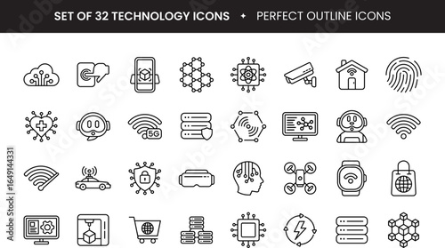 technology icons set, outline style icon vector, Industry, factory, technology progress, 5g, ai, robot, iot, robot, programming, automatic and many more
