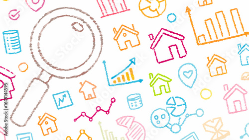 Hand drawn real estate market analysis with magnifying glass and various colorful icons scattered about