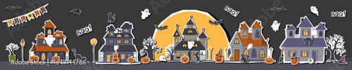 Halloween street with different houses, moon, ghosts, cats and bats. Halloween concept. Halloween houses cliparts. Vector flat banner.	